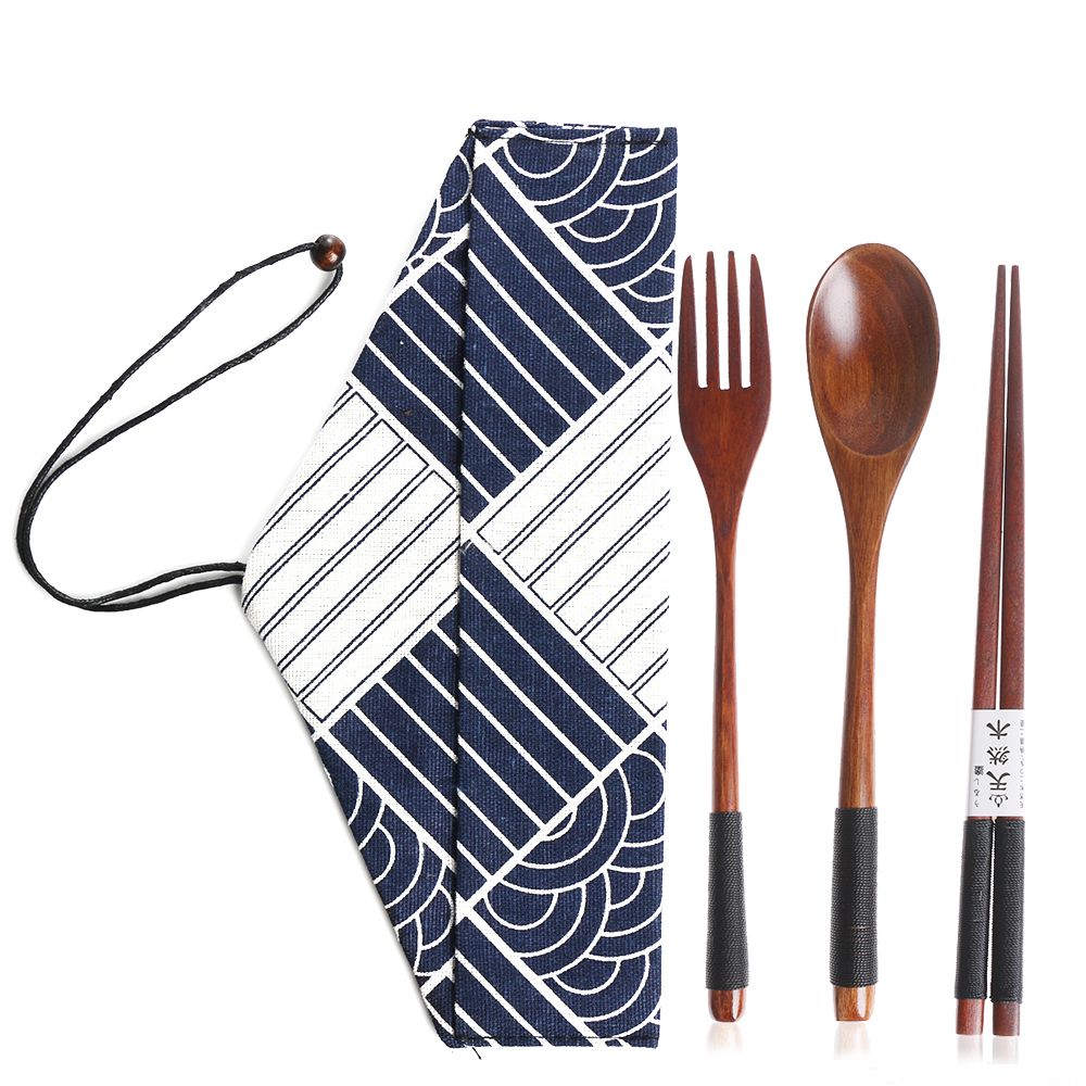 Bamboo Cutlery Travel - مجموعة أدوات مائدة خشبية محمولة ،